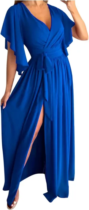 Womens Dresses Tie Waist Split Party Dress Wrap V Neck Maxi Dress Flared Short Sleeve Evening Dress Sexy Ruched Sundress Blue