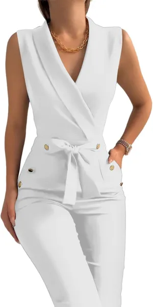 Women's Elegant Jumpsuits V Neck Sleeveless Straight Belted Long Pants Business Suits Set with Pockets