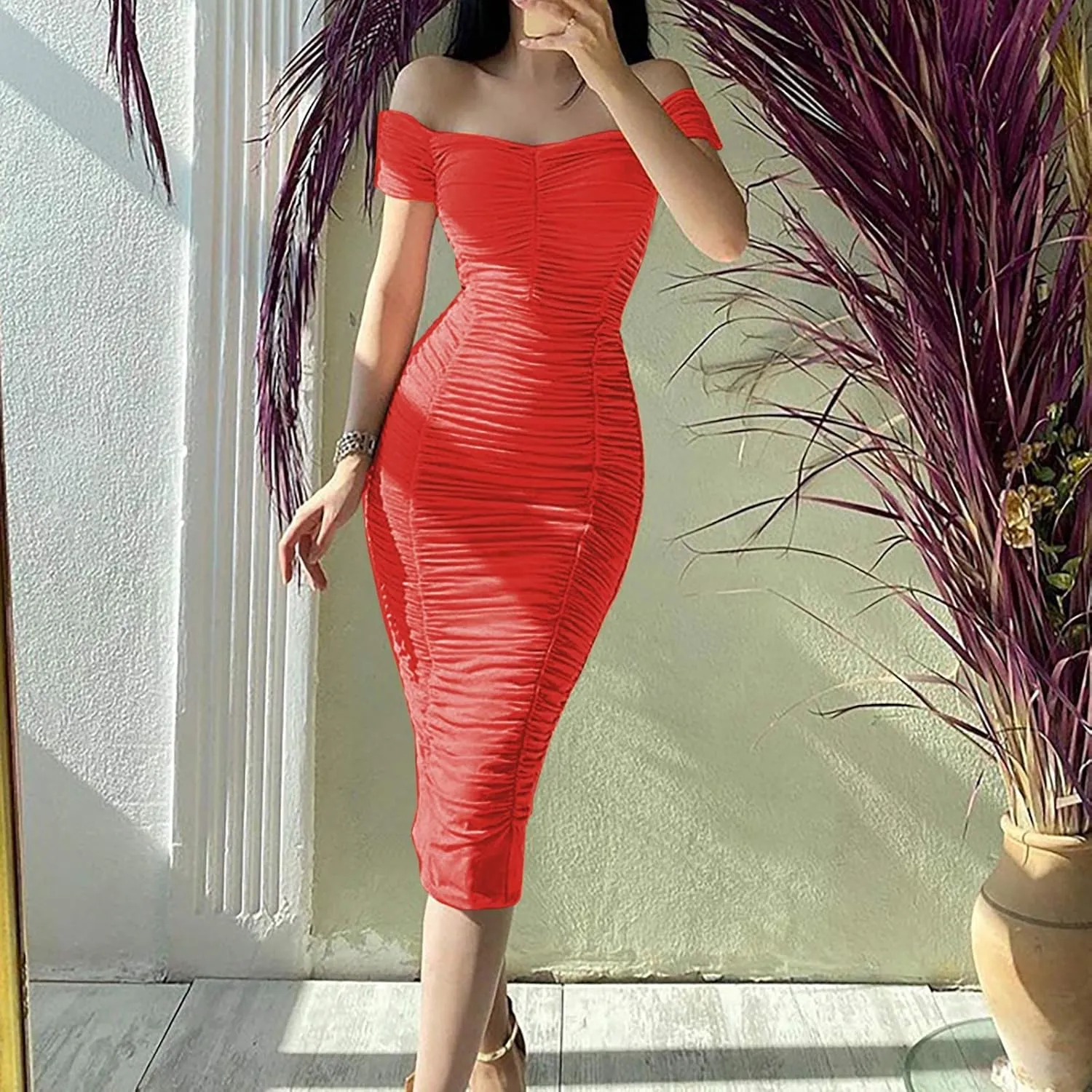 Womens Elegant Party Dress Bodycon Pencil Dresses Cold Shoulder Short Sleeve Prom Formal Dress Cocktail Dresses