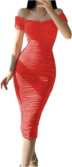 Womens Elegant Party Dress Bodycon Pencil Dresses Cold Shoulder Short Sleeve Prom Formal Dress Cocktail Dresses
