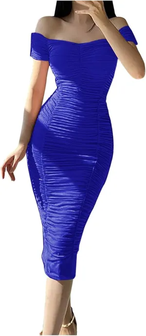 Womens Elegant Party Dress Bodycon Pencil Dresses Cold Shoulder Short Sleeve Prom Formal Dress Cocktail Dresses