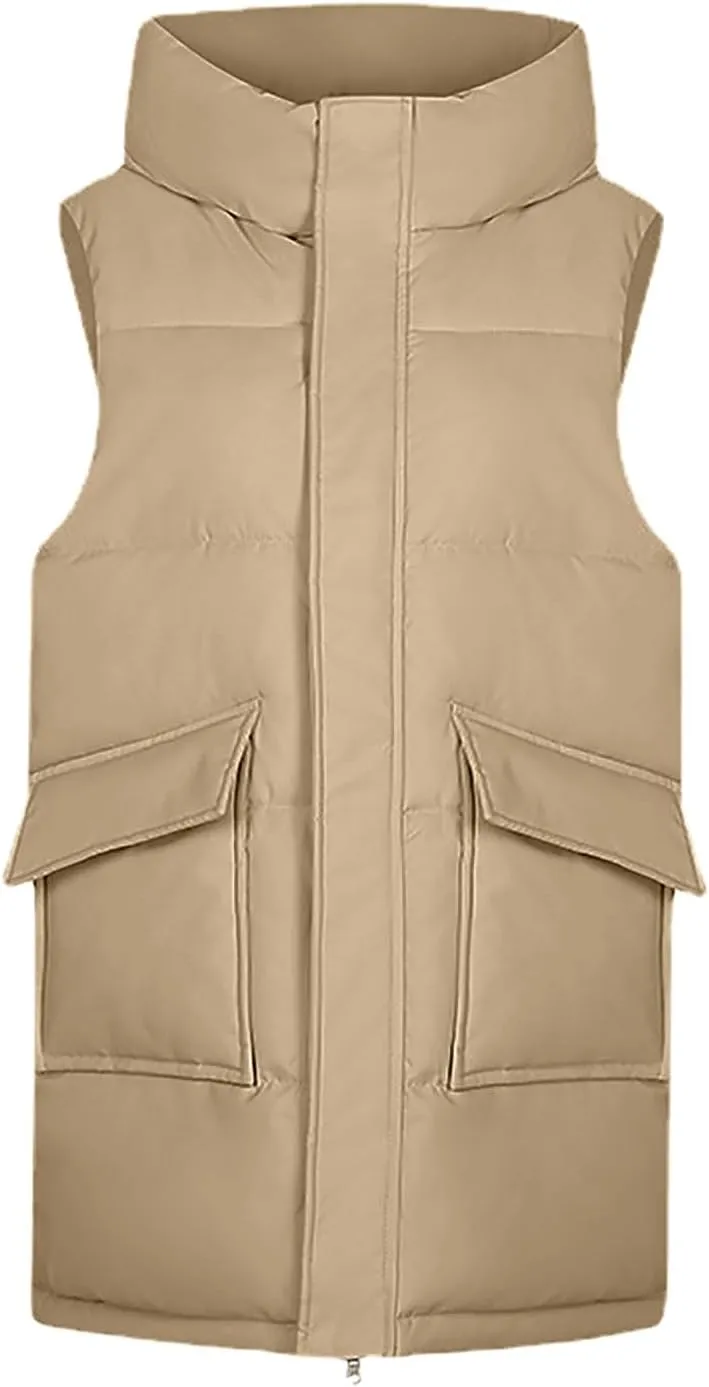 Womens Fall Fashion Solid Puffer Coat Vest Mid Length Sleeveless Down Jacket Slim Versatile Zip Up Outwear with Pocket