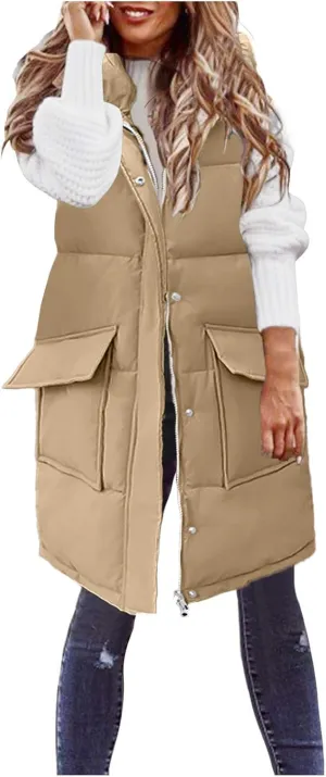 Womens Fall Fashion Solid Puffer Coat Vest Mid Length Sleeveless Down Jacket Slim Versatile Zip Up Outwear with Pocket