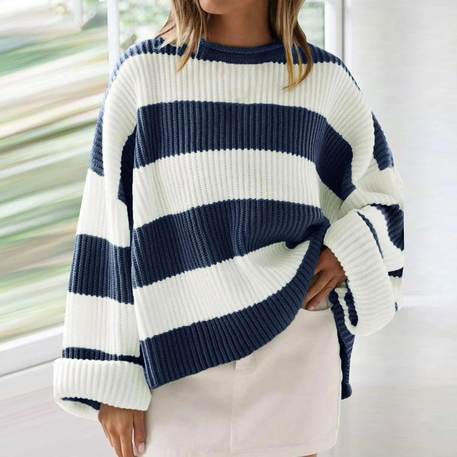 Women's Fall Long Sleeve Crew Neck Striped Color Block Comfy Loose Oversized Knitted Pullover Sweater 2025