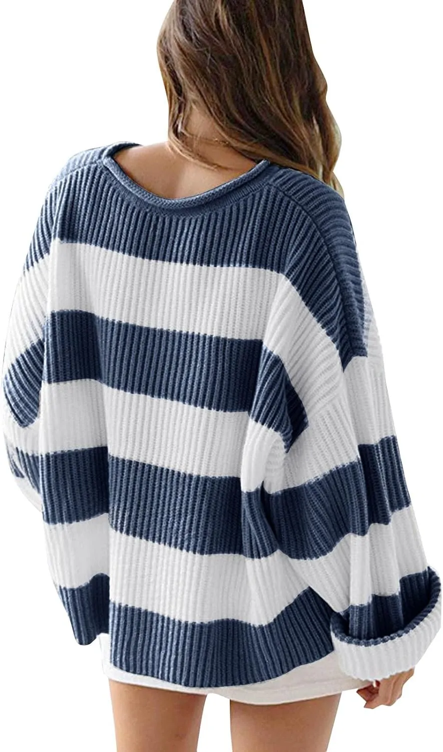 Women's Fall Long Sleeve Crew Neck Striped Color Block Comfy Loose Oversized Knitted Pullover Sweater 2025