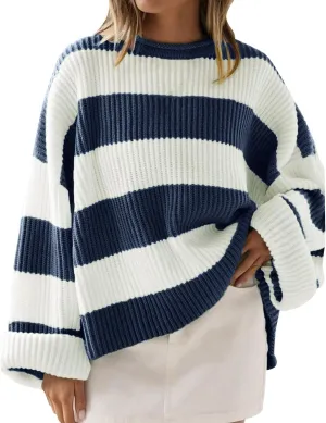 Women's Fall Long Sleeve Crew Neck Striped Color Block Comfy Loose Oversized Knitted Pullover Sweater 2025