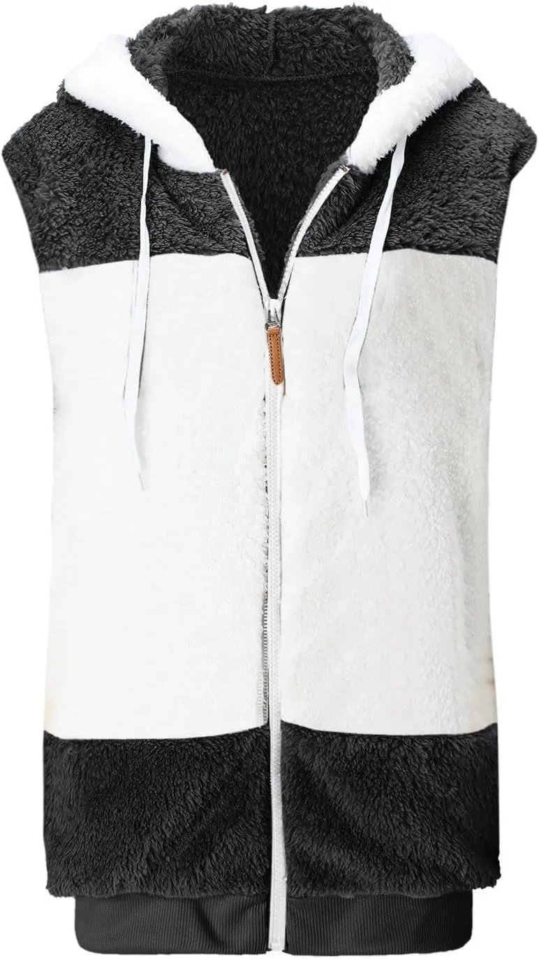 Womens Fall Winter Sleeveless Coat Zip Up Hoodie Jacket Warm Sherpa Jackets Vest Coats with Pockets