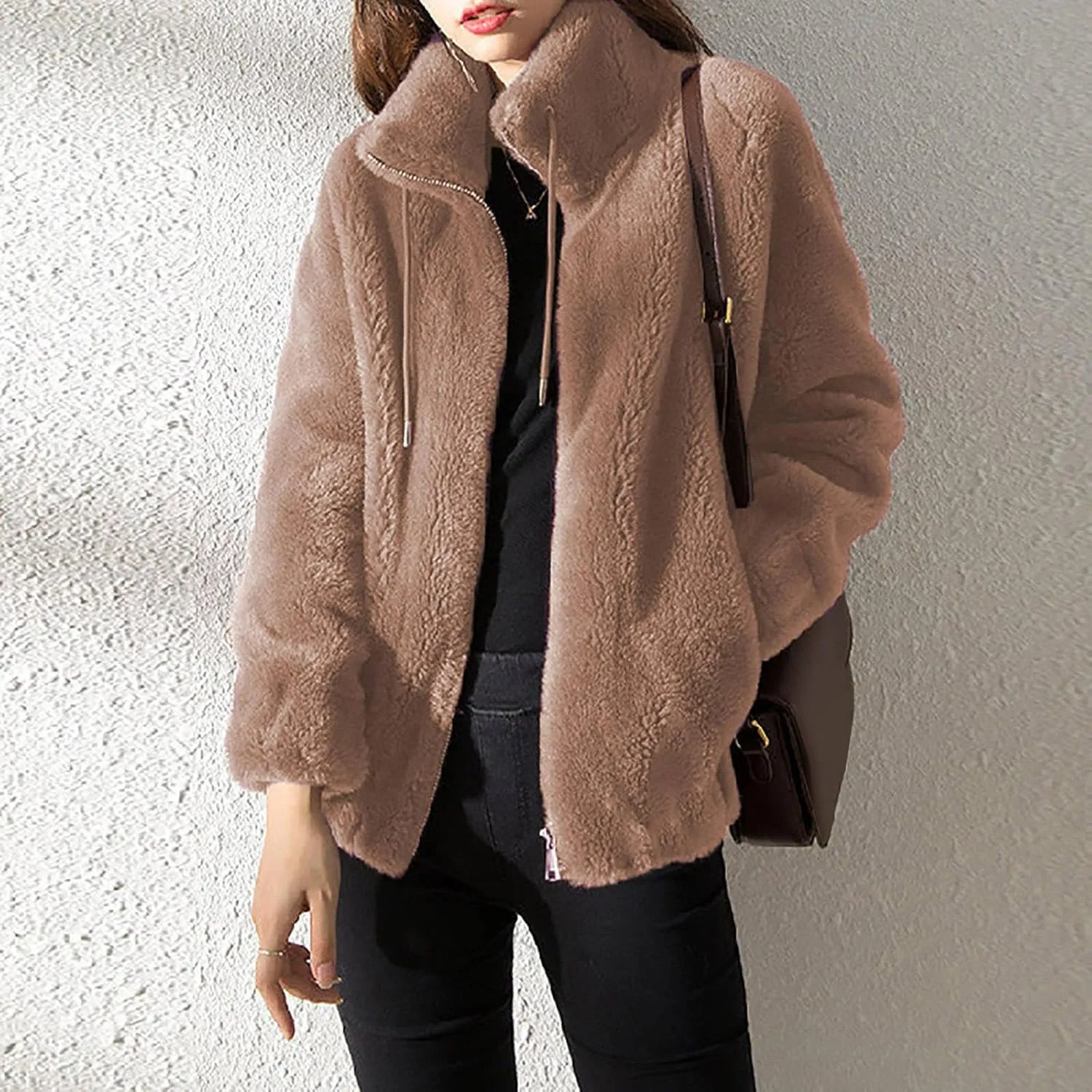 Women's Fashion Plush Coats Winter Warm Cardigan Coat Standing Collar Zip Up Fleece Tops Sweater Jacket