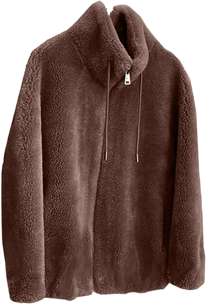 Women's Fashion Plush Coats Winter Warm Cardigan Coat Standing Collar Zip Up Fleece Tops Sweater Jacket