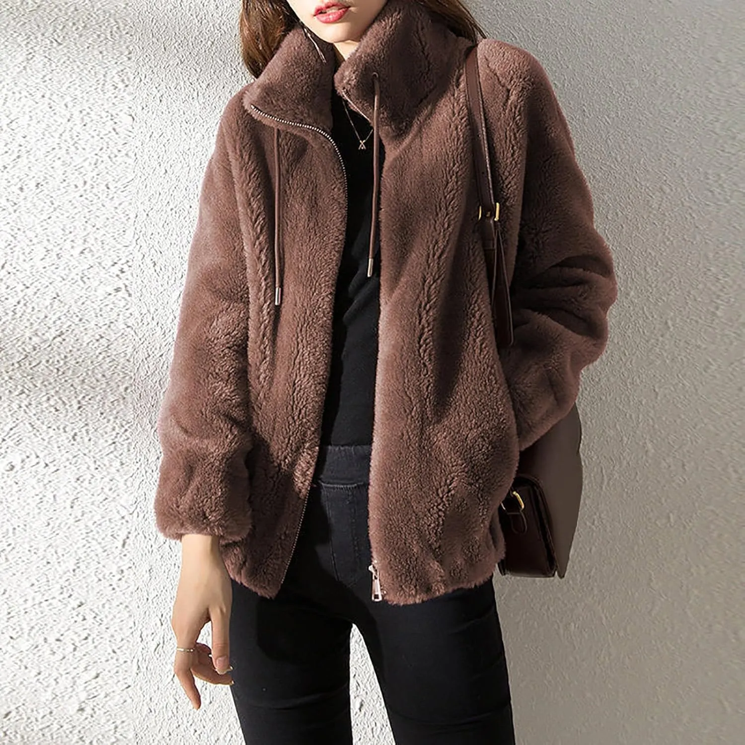 Women's Fashion Plush Coats Winter Warm Cardigan Coat Standing Collar Zip Up Fleece Tops Sweater Jacket