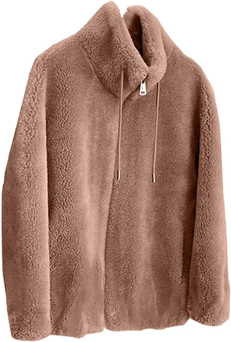 Women's Fashion Plush Coats Winter Warm Cardigan Coat Standing Collar Zip Up Fleece Tops Sweater Jacket