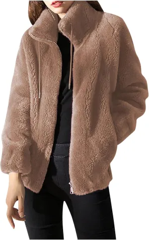 Women's Fashion Plush Coats Winter Warm Cardigan Coat Standing Collar Zip Up Fleece Tops Sweater Jacket