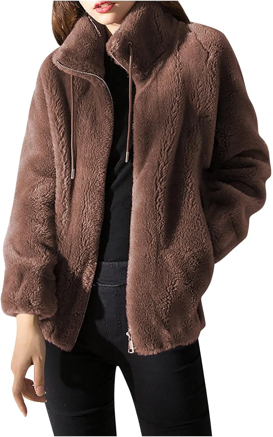 Women's Fashion Plush Coats Winter Warm Cardigan Coat Standing Collar Zip Up Fleece Tops Sweater Jacket