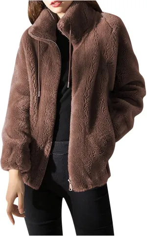 Women's Fashion Plush Coats Winter Warm Cardigan Coat Standing Collar Zip Up Fleece Tops Sweater Jacket