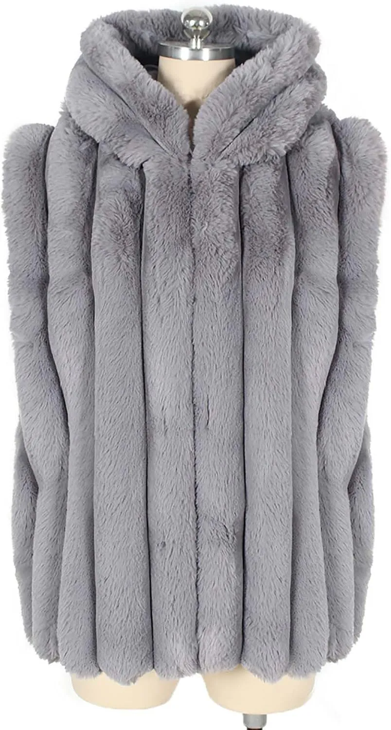 Women's Faux Fur Hooded Vest, Winter Sleeveless Fuzzy Warm Fashion Jackets Open Front Casual Soft Shaggy Waistcoat