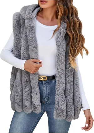 Women's Faux Fur Hooded Vest, Winter Sleeveless Fuzzy Warm Fashion Jackets Open Front Casual Soft Shaggy Waistcoat