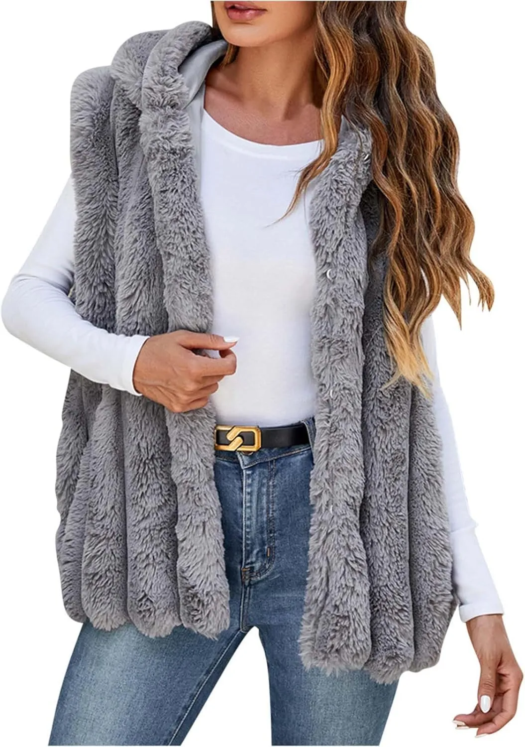 Women's Faux Fur Hooded Vest, Winter Sleeveless Fuzzy Warm Fashion Jackets Open Front Casual Soft Shaggy Waistcoat