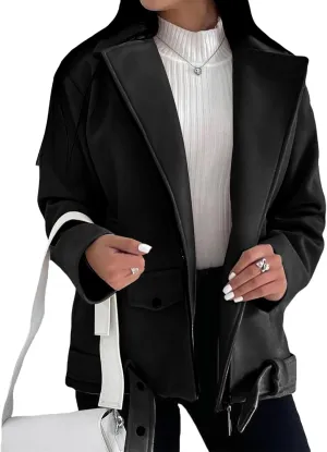 Womens Faux Suede Jacket Trendy Zip Up Lapel Long Sleeve Jackets Open Front Coat Casual Motorcycle Jackets