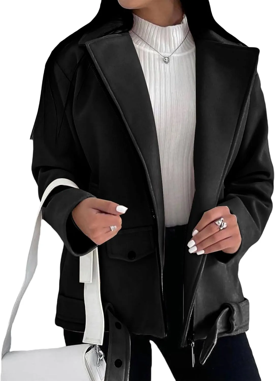 Womens Faux Suede Jacket Trendy Zip Up Lapel Long Sleeve Jackets Open Front Coat Casual Motorcycle Jackets