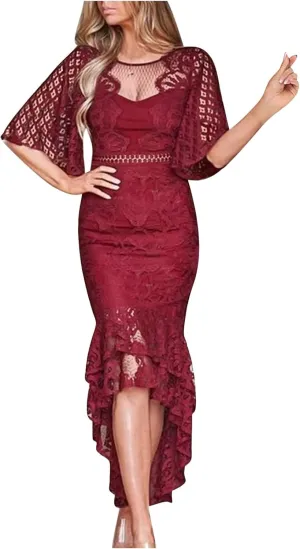 Women's Fishtail Dresses Lace Trim Mermaid Dress Bodycon High Low Cocktail Dress Mesh Hollow Out Bridesmaid Dress