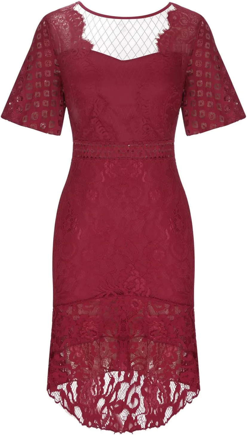 Women's Fishtail Dresses Lace Trim Mermaid Dress Bodycon High Low Cocktail Dress Mesh Hollow Out Bridesmaid Dress