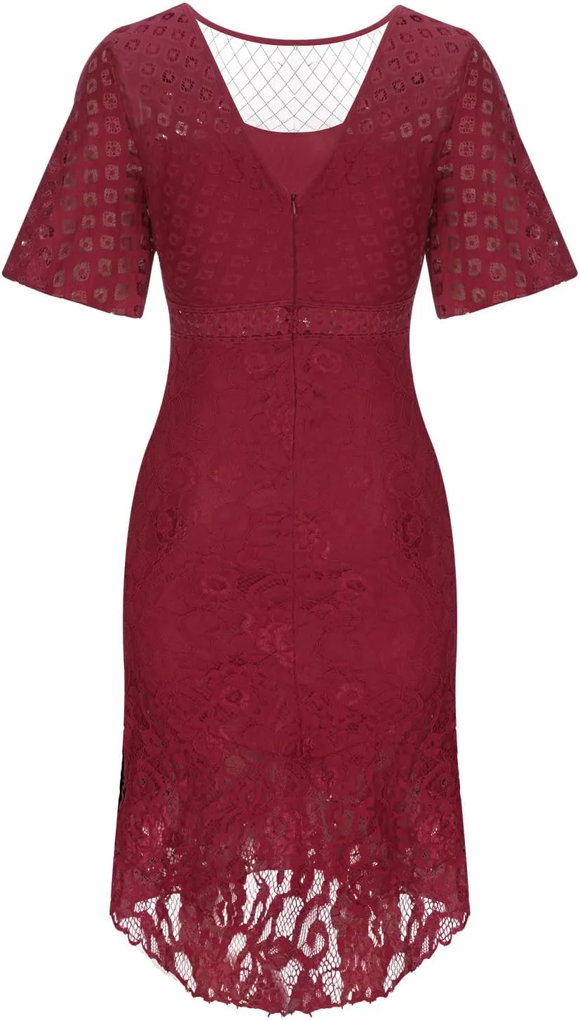 Women's Fishtail Dresses Lace Trim Mermaid Dress Bodycon High Low Cocktail Dress Mesh Hollow Out Bridesmaid Dress