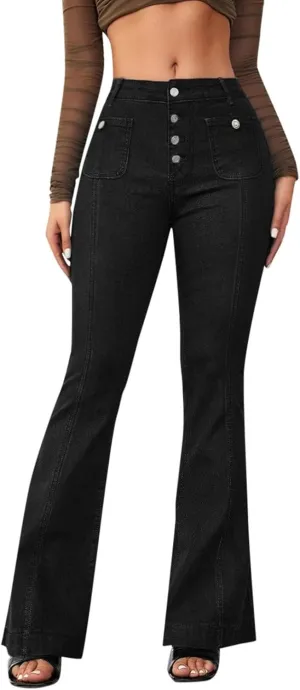 Womens Flare Bell Bottom Jeans High Waisted Wide Leg Baggy Jean for Women Stretch Denim Pants Distressed Leisure Aesthetic