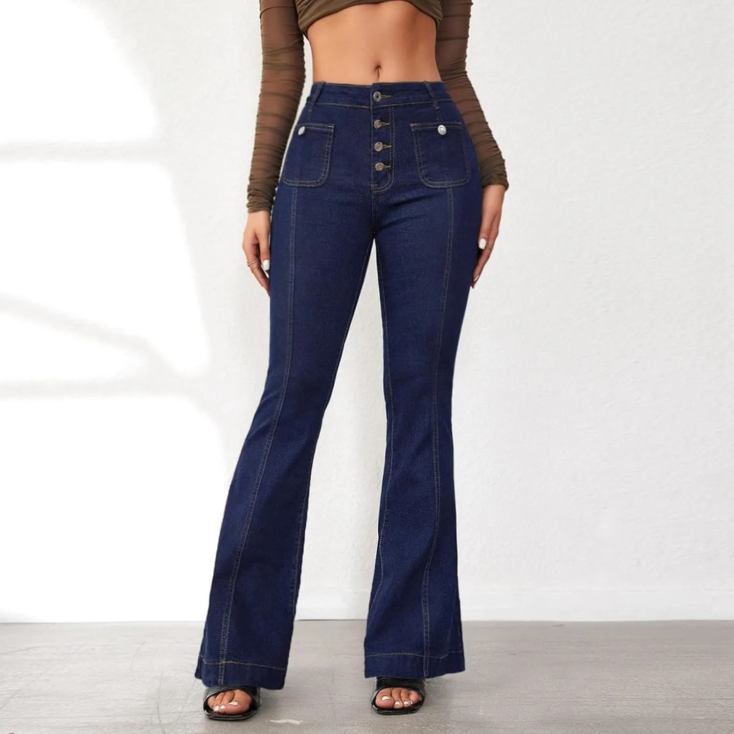 Womens Flare Bell Bottom Jeans High Waisted Wide Leg Baggy Jean for Women Stretch Denim Pants Distressed Leisure Aesthetic