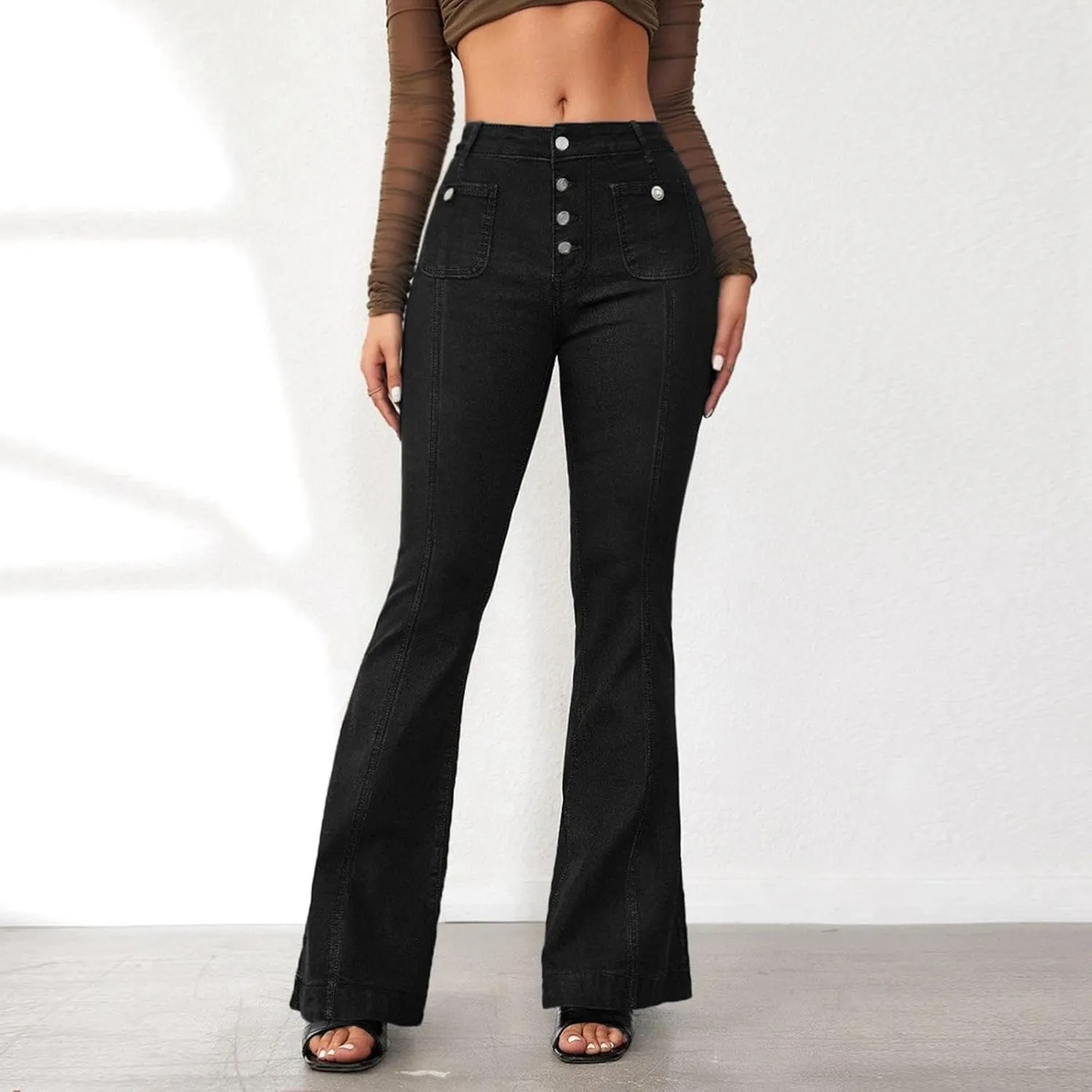 Womens Flare Bell Bottom Jeans High Waisted Wide Leg Baggy Jean for Women Stretch Denim Pants Distressed Leisure Aesthetic