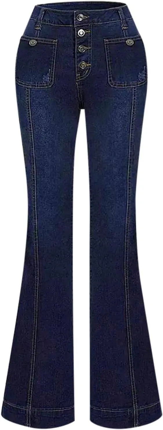 Womens Flare Bell Bottom Jeans High Waisted Wide Leg Baggy Jean for Women Stretch Denim Pants Distressed Leisure Aesthetic