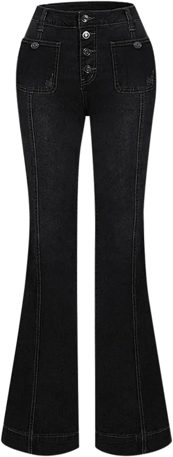 Womens Flare Bell Bottom Jeans High Waisted Wide Leg Baggy Jean for Women Stretch Denim Pants Distressed Leisure Aesthetic