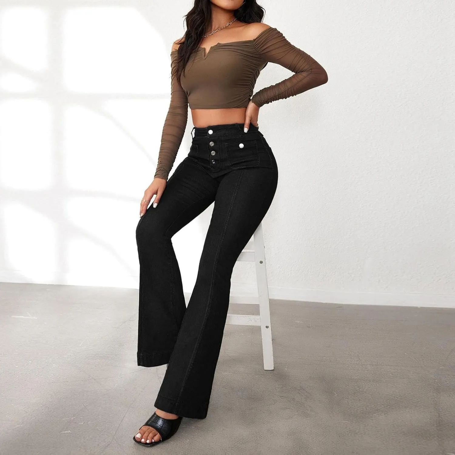Womens Flare Bell Bottom Jeans High Waisted Wide Leg Baggy Jean for Women Stretch Denim Pants Distressed Leisure Aesthetic