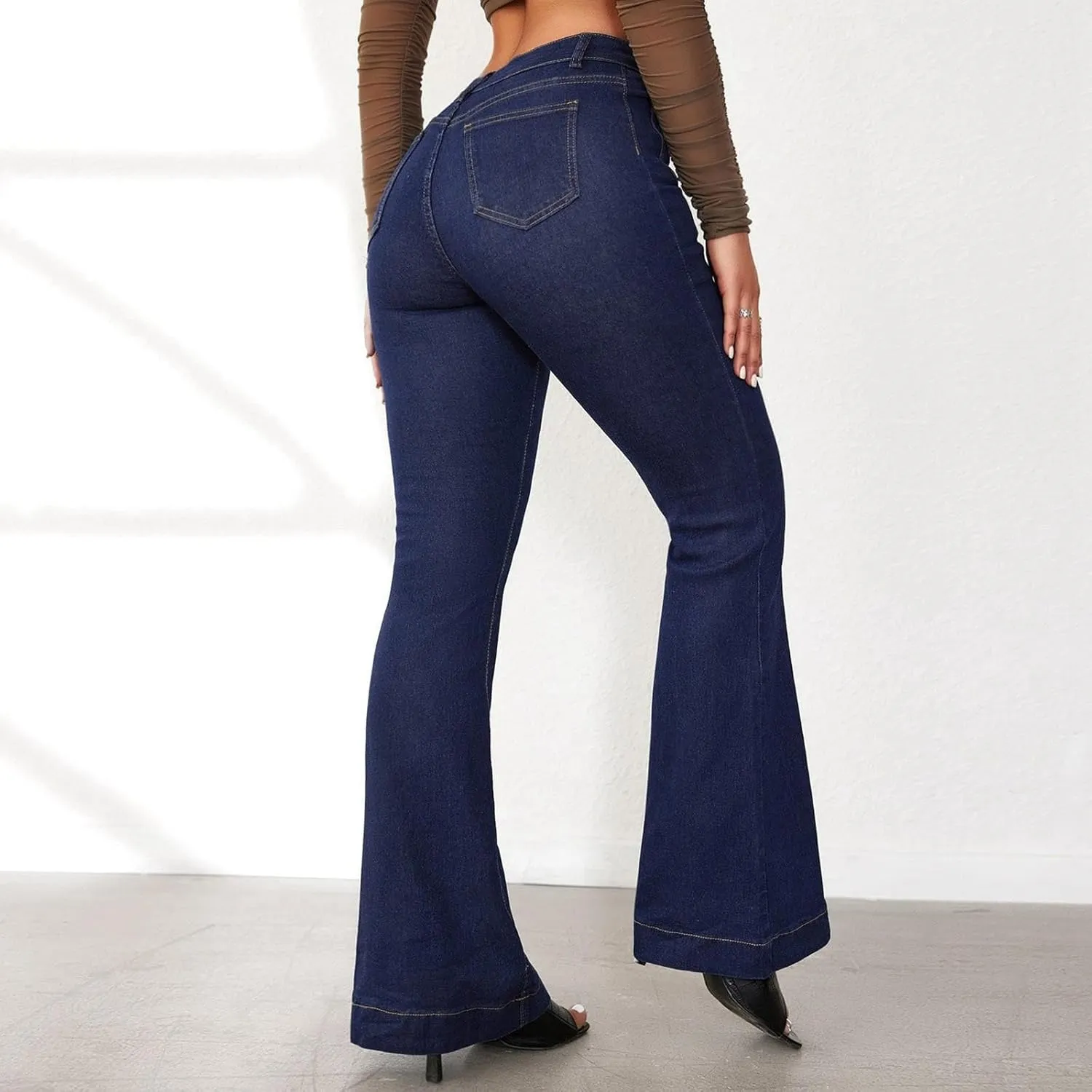 Womens Flare Bell Bottom Jeans High Waisted Wide Leg Baggy Jean for Women Stretch Denim Pants Distressed Leisure Aesthetic