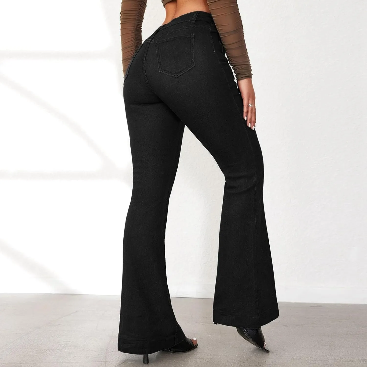 Womens Flare Bell Bottom Jeans High Waisted Wide Leg Baggy Jean for Women Stretch Denim Pants Distressed Leisure Aesthetic