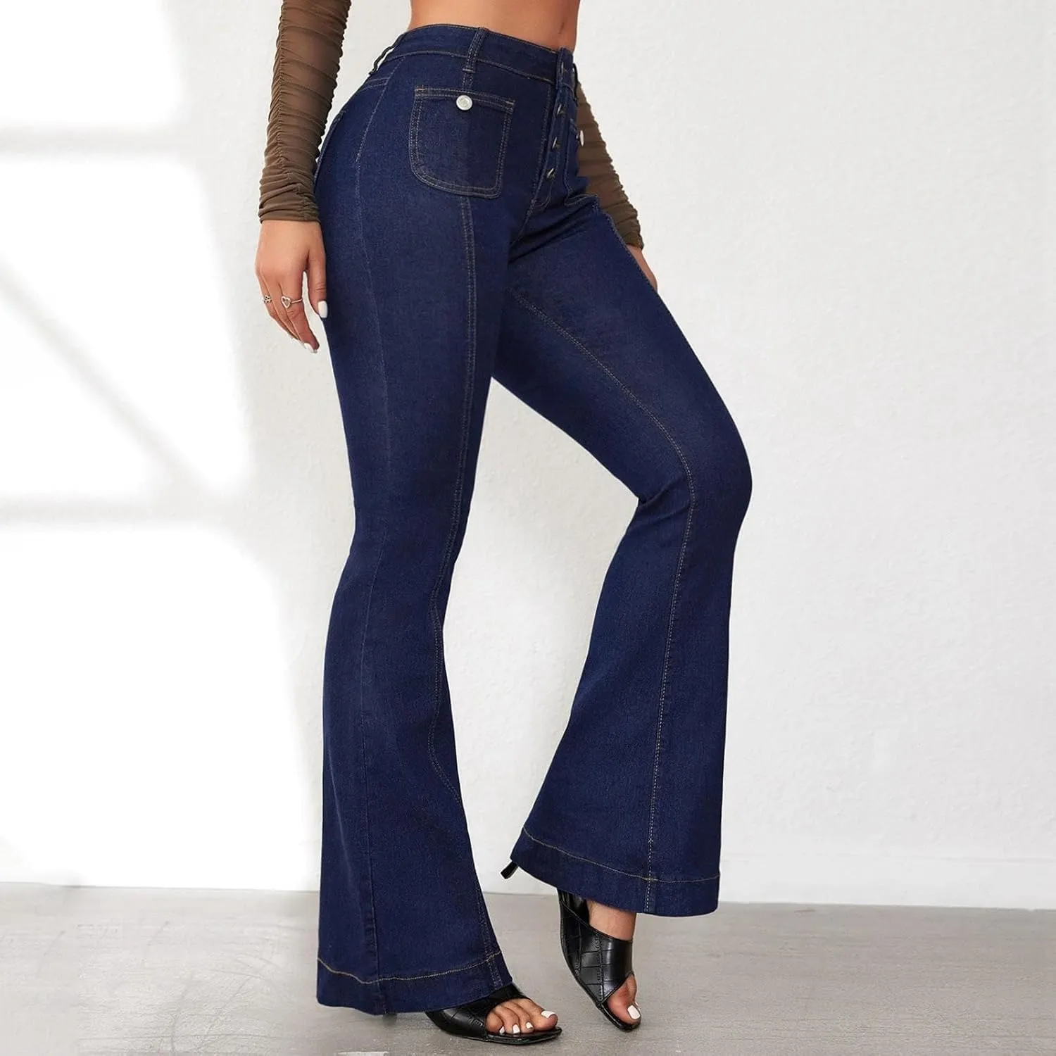 Womens Flare Bell Bottom Jeans High Waisted Wide Leg Baggy Jean for Women Stretch Denim Pants Distressed Leisure Aesthetic