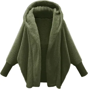 Women's Fleece Jacket Fashion Bat Sleeve Hooded Sweatshirt Solid Color Velvet Full Zip Jacket Open Front Outerwear