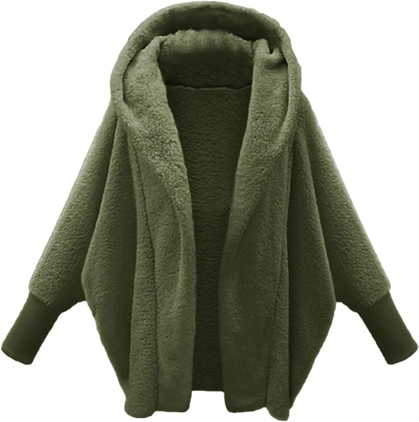 Women's Fleece Jacket Fashion Bat Sleeve Hooded Sweatshirt Solid Color Velvet Full Zip Jacket Open Front Outerwear