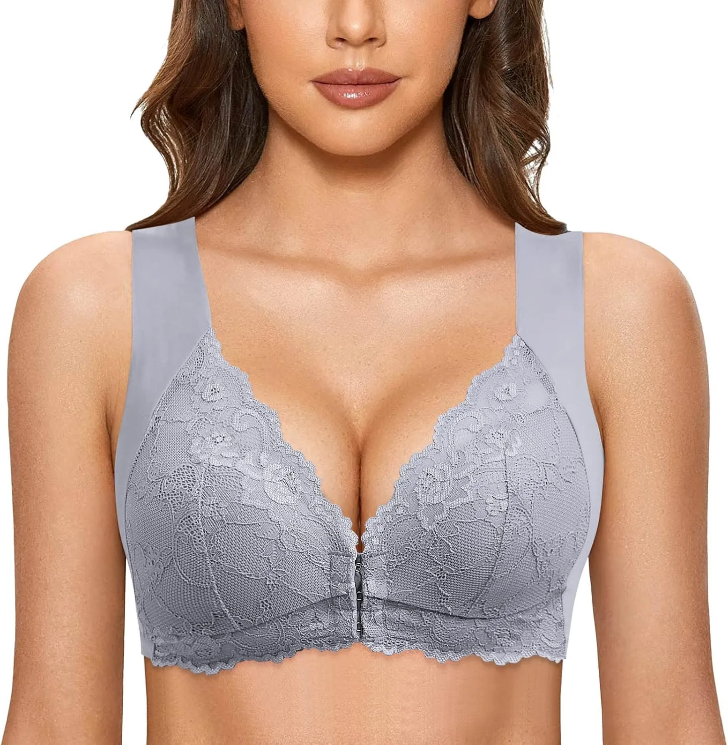 Women's Front Closure Lace Bra No Underwire Push Up Full Coverage Bralettes Comfort Senior Snap Closing Bra