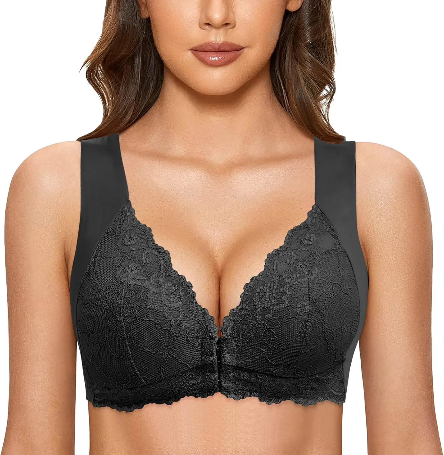Women's Front Closure Lace Bra No Underwire Push Up Full Coverage Bralettes Comfort Senior Snap Closing Bra
