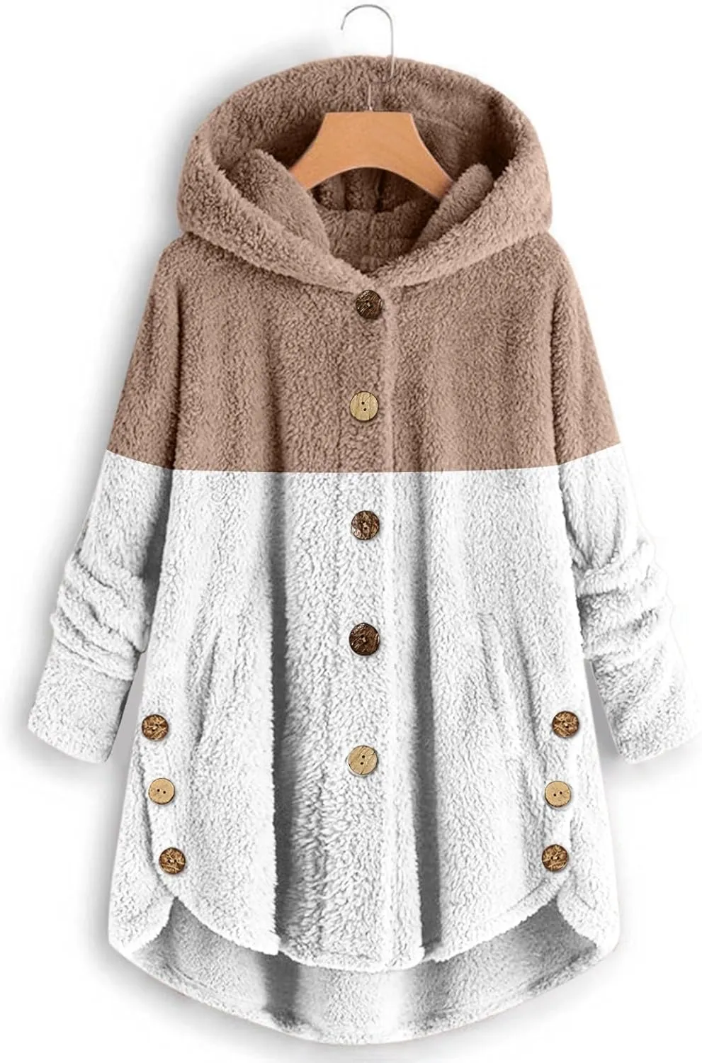 Women's Fuzzy Jackets Fashion Stitching Loose Hoodies Long Sleeve Plush Button Coat Fur Jackets, S-5XL
