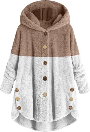 Women's Fuzzy Jackets Fashion Stitching Loose Hoodies Long Sleeve Plush Button Coat Fur Jackets, S-5XL