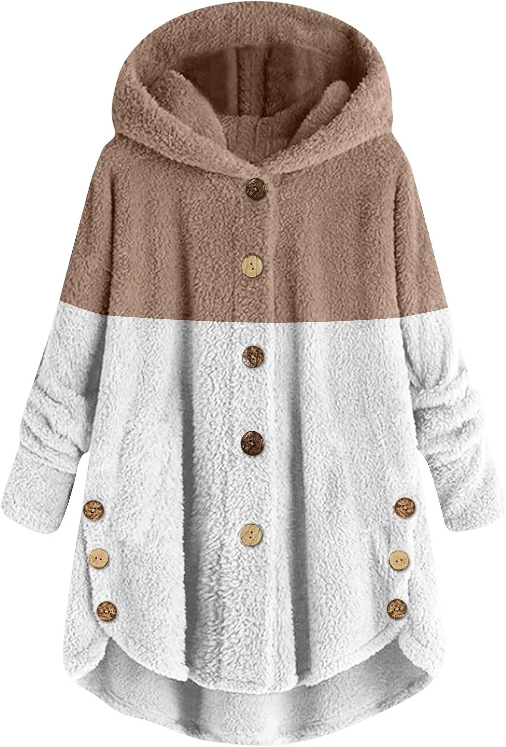 Women's Fuzzy Jackets Fashion Stitching Loose Hoodies Long Sleeve Plush Button Coat Fur Jackets, S-5XL