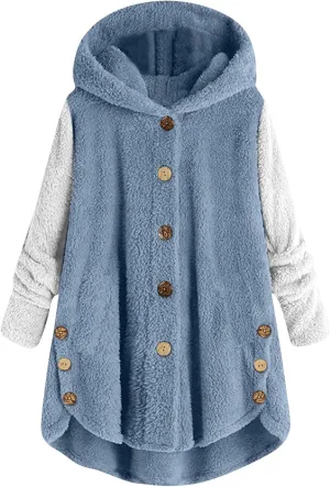 Womens Fuzzy Sherpa Hooded Jacket Fall 2024 Shaggy Fleece Soft Warm Coat Long Sleeve Button Down Cardigan Sweaters