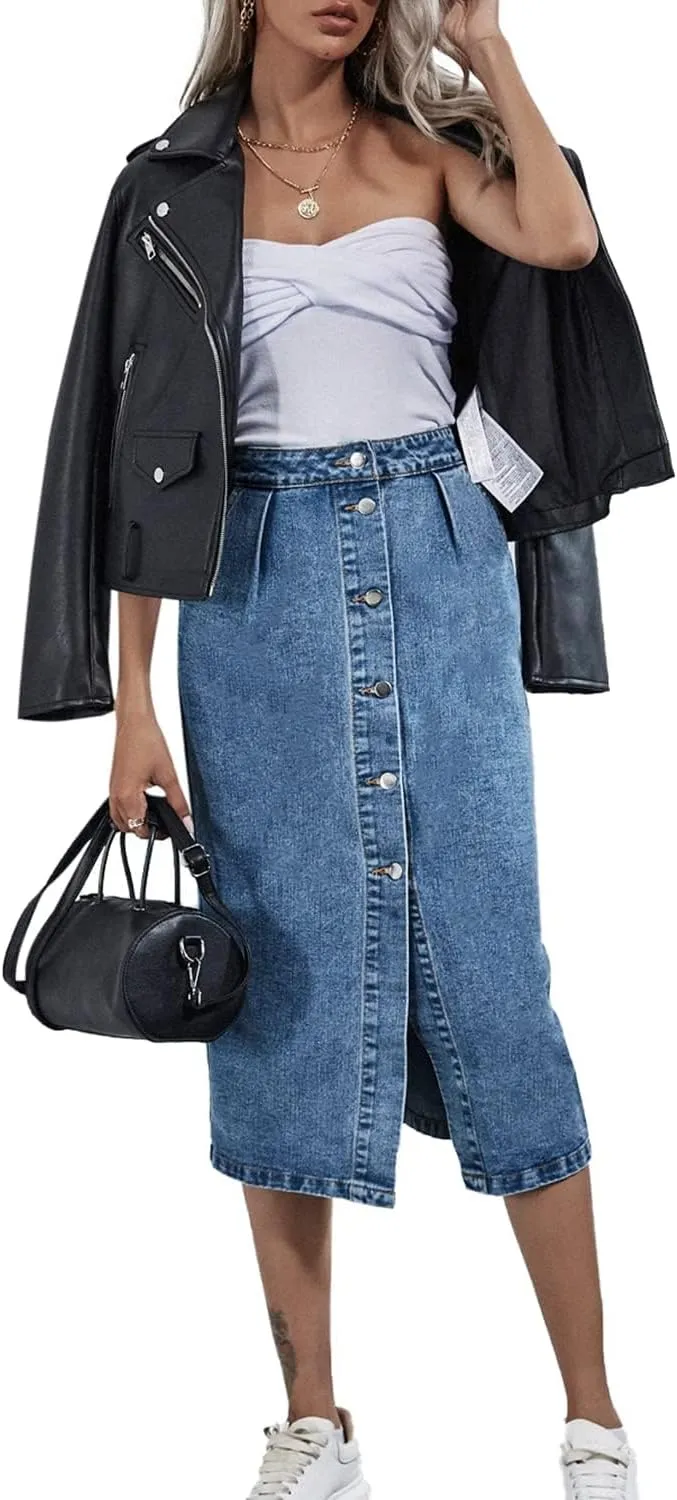 Women's High Waisted Slit Denim Skirts Casual Button Up Long Skirt Trendy Slim Fit Midi Pencil Skirt for Work Party