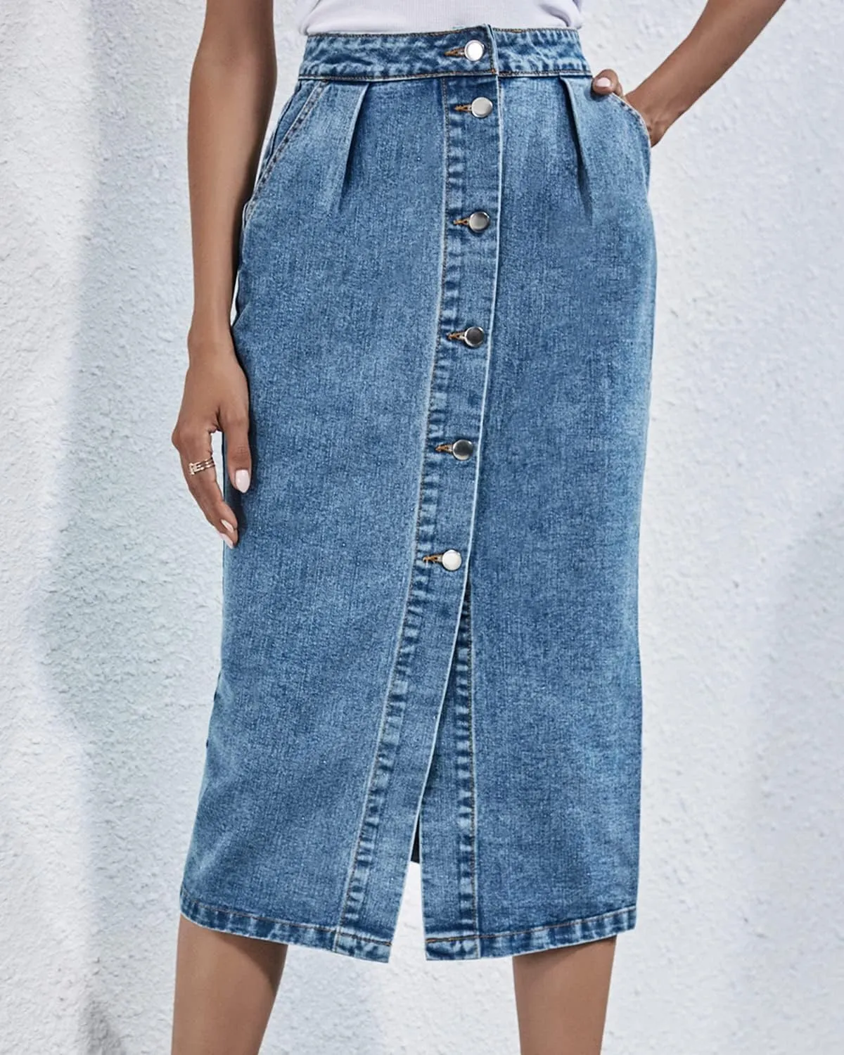 Women's High Waisted Slit Denim Skirts Casual Button Up Long Skirt Trendy Slim Fit Midi Pencil Skirt for Work Party
