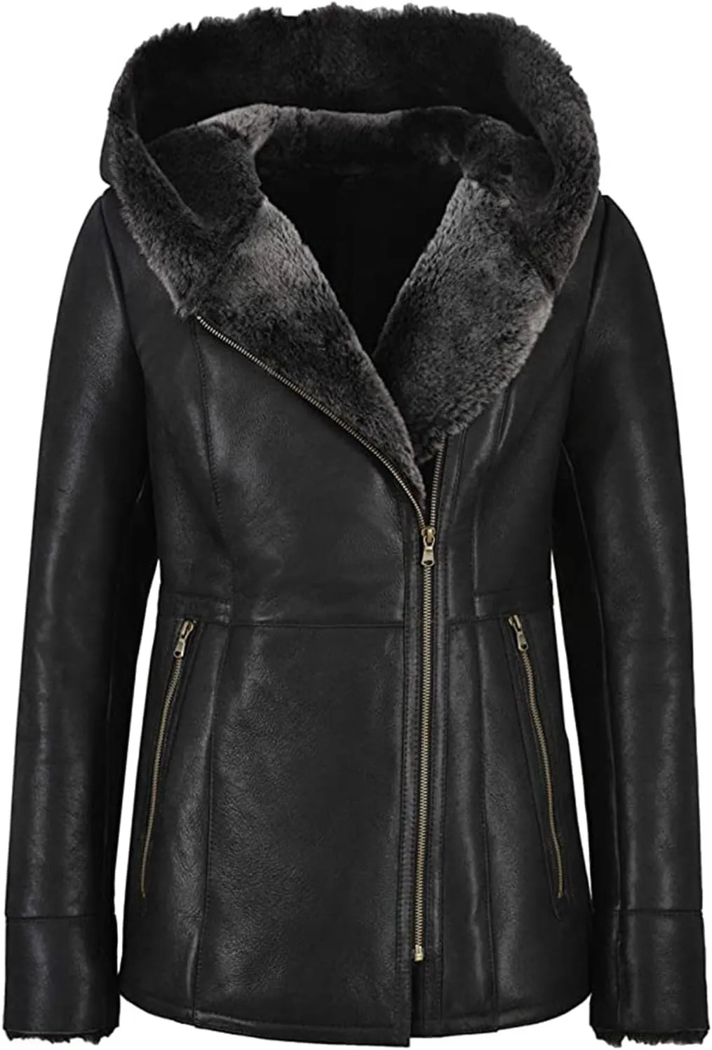Women's Hooded Genuine Sheepskin Leather Sherpa Shearling Faux Fur Parka Mid Lenght Long Trench Coat Jacket Outerwear