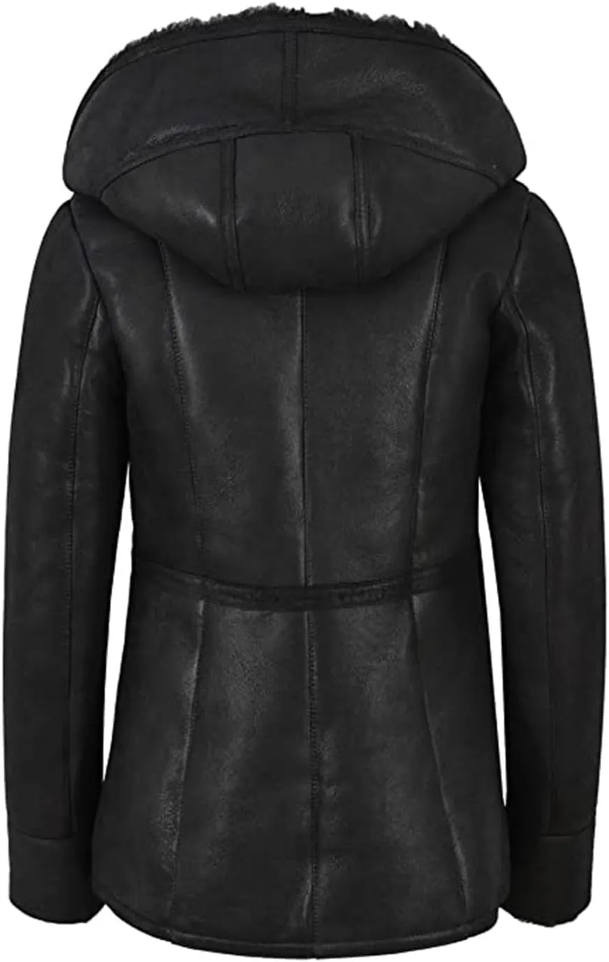 Women's Hooded Genuine Sheepskin Leather Sherpa Shearling Faux Fur Parka Mid Lenght Long Trench Coat Jacket Outerwear