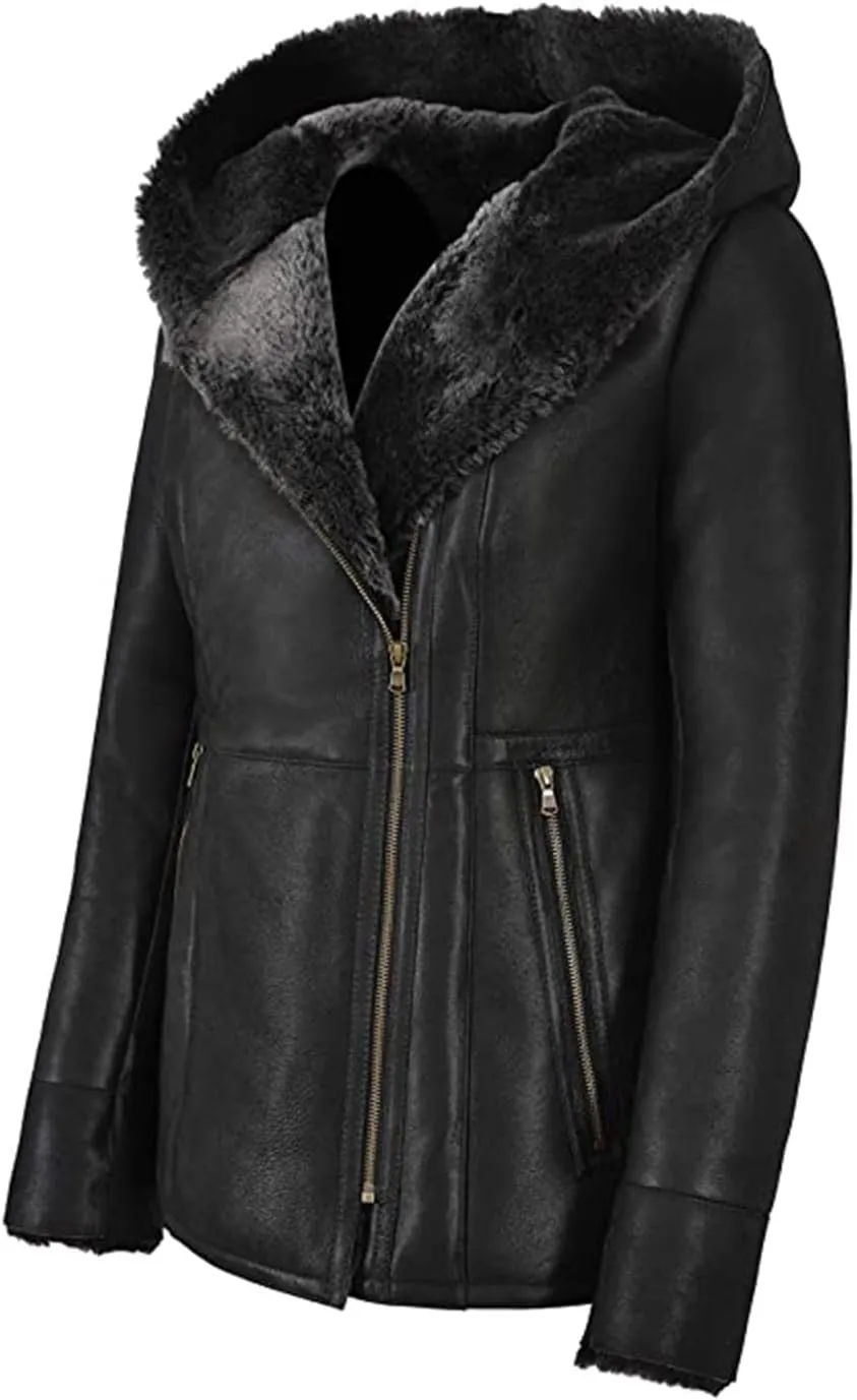 Women's Hooded Genuine Sheepskin Leather Sherpa Shearling Faux Fur Parka Mid Lenght Long Trench Coat Jacket Outerwear