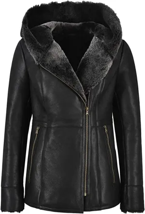 Women's Hooded Genuine Sheepskin Leather Sherpa Shearling Faux Fur Parka Mid Lenght Long Trench Coat Jacket Outerwear
