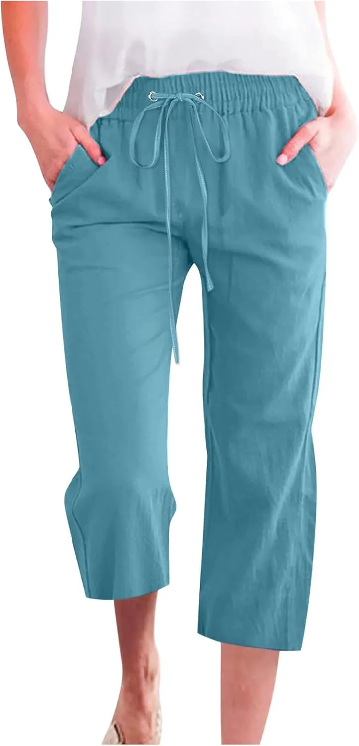 Women's Joggers Casual Straight Leg Capri Soft Pants Elastic Waist Lightweight Beach Capri Trouser with Pockets